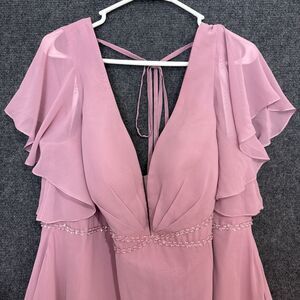 Azazie Pink Chiffon Formal Gown Beaded Empire Waist Slit Flutter Sleeve Size 20